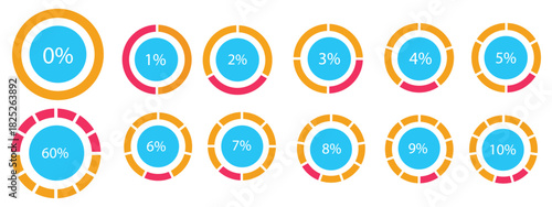 Percentage infographics elements. Round diagrams icons for infographics from 0 to 100 percent. Black, grey color fill divided pie charts indicator layout. Mockup of circle graph loading