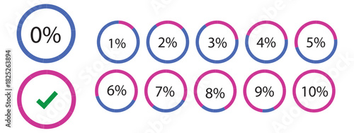 Percentage infographics elements. Round diagrams icons for infographics from 0 to 100 percent. Black, grey color fill divided pie charts indicator layout. Mockup of circle graph loading