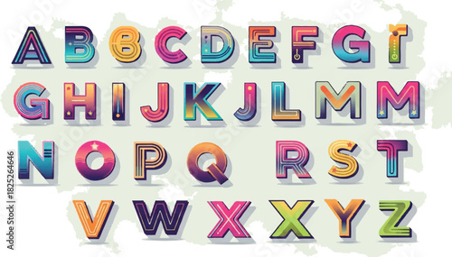 Colorful alphabet letters with gradient effect on white background.
