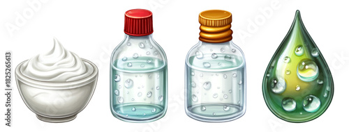Isolated Transparent Bottles and Cream with Droplet on White Background