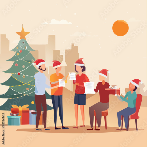 A vector flat design illustration of a group of friends exchanging handwritten letters and celebrating Christmas together in a city setting