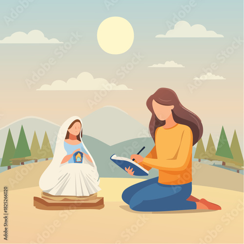 Artist Captures Serene Landscape with Mountains and Sun, Inspired by a Religious Figurine