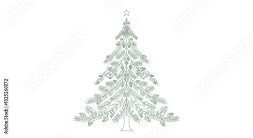 Thin outline pine branches forming a christmas tree on a white background