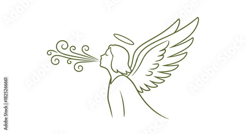 Stylized angel blowing wind with swirling lines in olive green