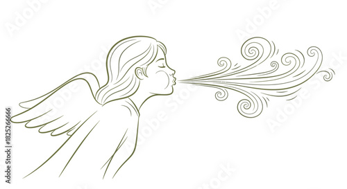 Stylized angel with flowing wind and halo in olive green