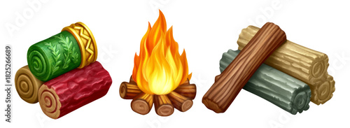 Colorful logs and a vibrant campfire on a transparent background for design use