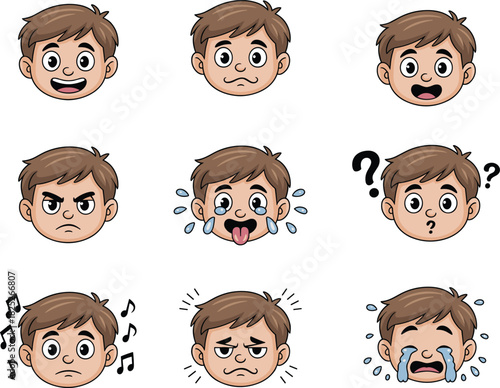 Cartoon boy face expression set, emotional character illustration grid, nine moods including happy, sad, angry, confused, musical, vector avatar icons