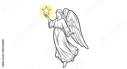 Divine angel with star celestial line art design