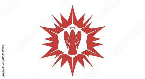 Angel within a minimalist starburst frame in brick red