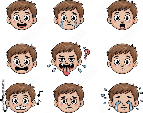 Cartoon boy face expression set, emotional character illustration grid, nine moods including happy, sad, surprised, confused, vector avatar icons