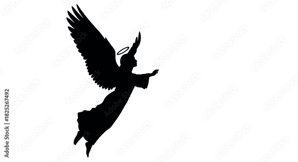 Obraz premium Graceful angel silhouette in upward diagonal flight on a clean white background