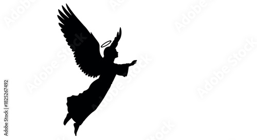 Graceful angel silhouette in upward diagonal flight on a clean white background