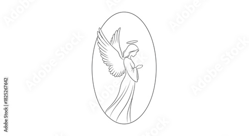 Minimal angel silhouette in oval frame on white background