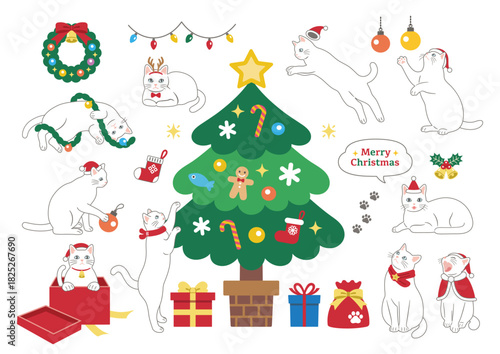 クリスマスに遊ぶかわいい白猫のイラスト　主線あり