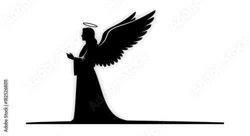 Serene angel silhouette with flowing robe on white background