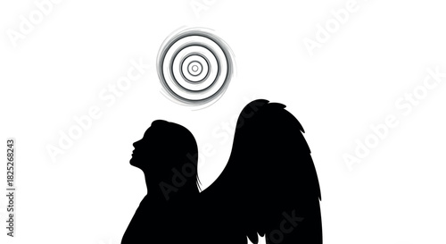 Stylized angel silhouette with a swirling halo and abstract background elements