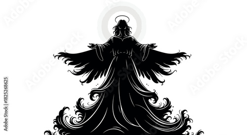 Abstract flowing robe silhouette with angelic wings on white background