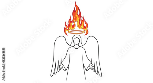 Stylized angel with a fiery halo in warm orange and red tones