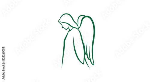 Elegant angel silhouette with folded wings in deep green
