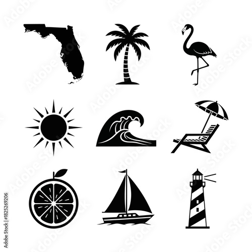 Florida Silhouette Icons Featuring Palm Tree, Flamingo, Sun, Waves, Lighthouse, and Map