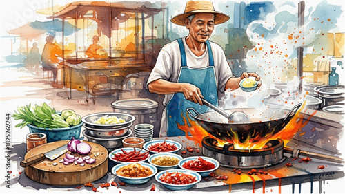 Street Vendor Cooking with Warm Color Splashes and Lively Motion