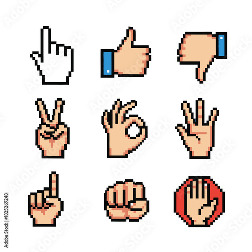 A bold set of pixel-style hand gestures including thumbs up, thumbs down, pointing, and peace signs