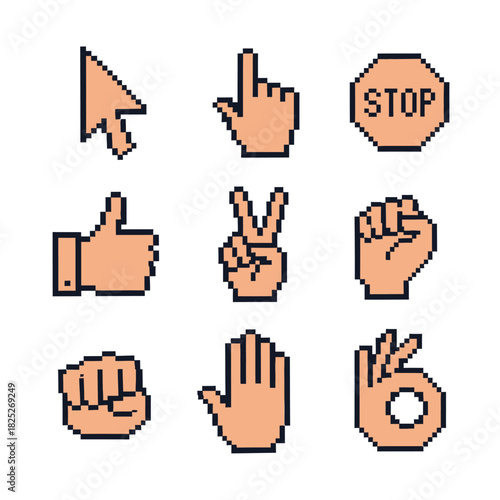 A diverse set of expressive hand gestures including stop signs, pointing fingers, and movement cues suitable