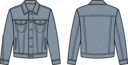 Colored denim jacket technical flat sketch, front and back view, pointed collar, chest pockets, button placket, fashion design, garment construction, vector template