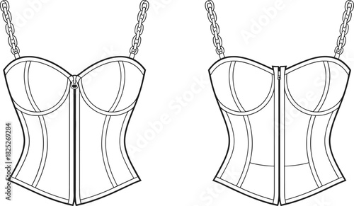 Corset top technical vector set, chain strap fashion illustration with zipper front, structured panel seams, garment construction, edgy apparel design
