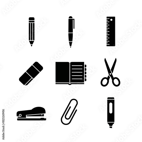 A complete set of office stationery including pens, pencils, rulers, paperclips, and scissors