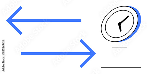 Two blue arrows pointing opposite directions beside a clock with black hands. Ideal for time management, decision-making, process flow, planning, resource allocation, strategy, creative thinking