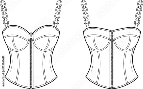 Corset top vector set, fashion illustration with chain straps and zipper front, structured panel seams, edgy garment design, apparel construction sketch