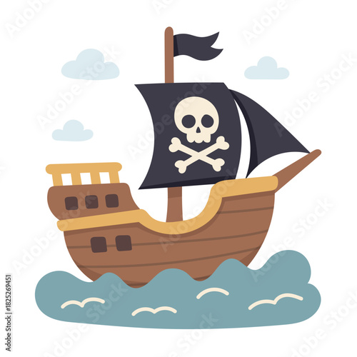 Colorful Illustration of a Pirate Ship with a Skull Flag Sailing on a Wavy Sea, Featuring Clouds in the Background and a Playful Nautical Scene