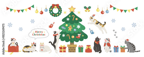 クリスマスを楽しむかわいい猫のイラスト