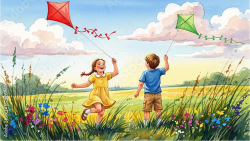 Children Flying Kites in Bright Open Field with Playful Dynamic Strokes