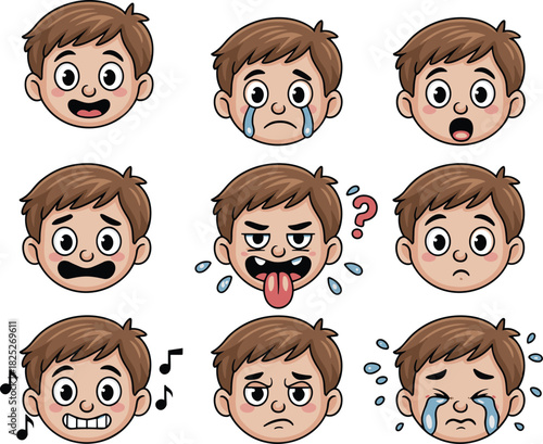 Cartoon boy face expression set, emotional character illustration grid, nine moods including happy, sad, confused, surprised, musical, vector avatar icons