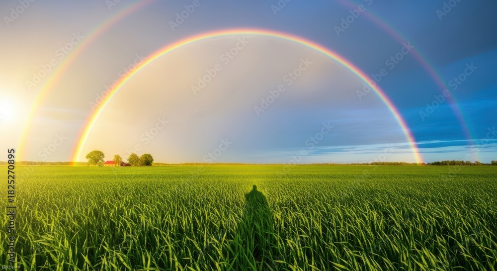 Naklejka premium Vibrant double rainbow arching over a lush green field with a distant farmhouse under a dramatic sky at sunset or sunrise, showing a shadow in the foreground