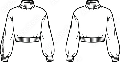 Cropped balloon sleeve sweater fashion sketch, ribbed neckline and cuffs, garment flat illustration, front view, black and white vector design