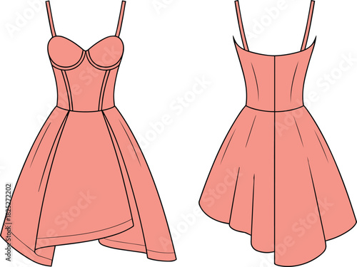Asymmetrical spaghetti strap dress fashion illustration, layered hem, corset-style bodice, front and back view, peach vector design, sleeveless silhouette