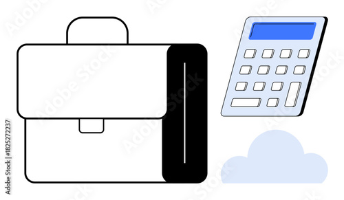 Briefcase symbolizing professionalism, calculator for financial tasks, cloud highlighting data and technology use. Ideal for business, finance, accounting, cloud computing, entrepreneurship