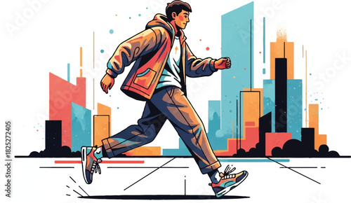 Man in casual clothing jogging through a vibrant city street.