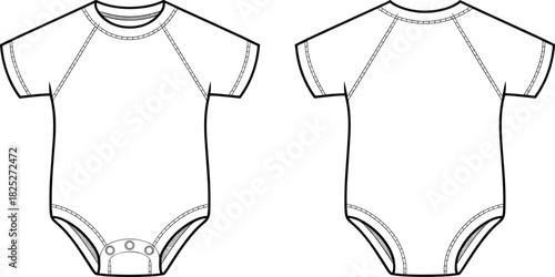 Baby onesie fashion flat sketch, front and back view, short sleeve bodysuit with snap closure, round neckline, black and white vector design