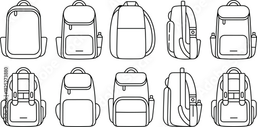 Backpack vector set with ten unique designs, front and side views, water bottle holders, flap closures, and varied pocket configurations for fashion sketching