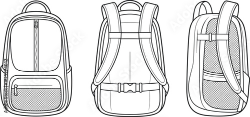 Backpack vector set, front, back, and side views with zip compartments, mesh pockets, shoulder straps, and ergonomic design for fashion illustration