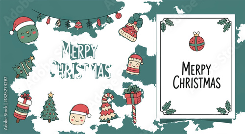 Merry Christmas Hand Drawn Festive Elements and Greeting Card.