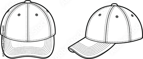 Baseball cap line drawing set, front and side view of stitched sports hat, black-and-white vector illustration, fashion accessory design