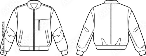 Bomber jacket fashion flat sketch, front and back view, zip closure, flap pockets, sleeve detail, ribbed cuffs and hem, black and white vector