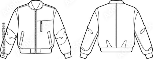 Bomber jacket fashion flat sketch, front and back view, zip closure, flap pockets, sleeve panel detail, ribbed cuffs and hem, black and white vector