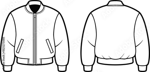 Bomber jacket technical vector set, front and back fashion sketch with ribbed collar, welt pockets, zipper closure, fitted waistband, garment illustration