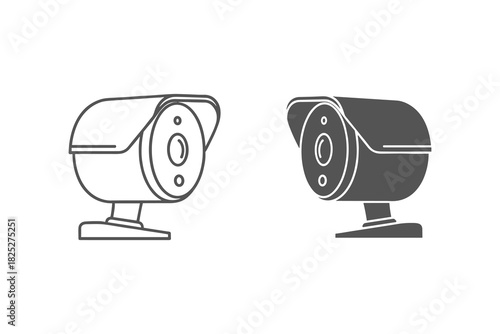 Set of two security camera icons, one outline and one filled silhouette, representing surveillance and monitoring technology, isolated on